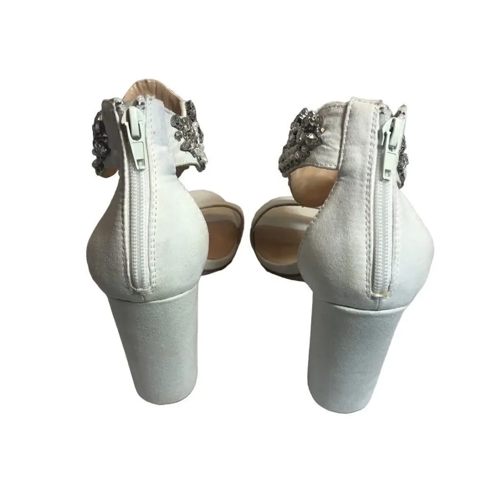 Lulus Dannah White Faux Suede  Rhinestones and faux pearls Heeled Sandal Size 9